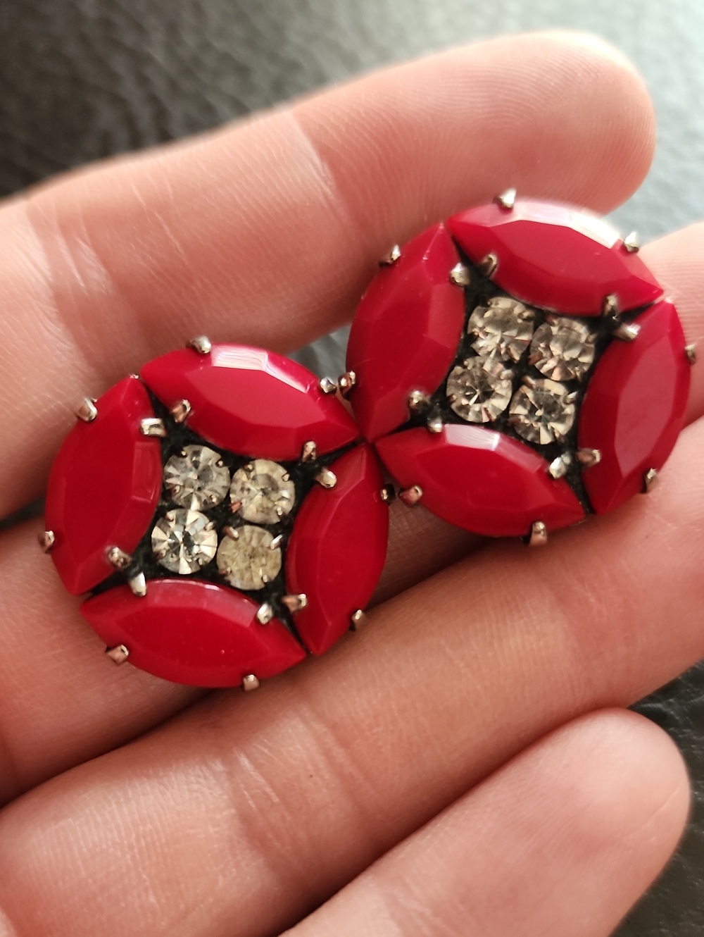 VTG Red Crystal Accent Clip Earrings